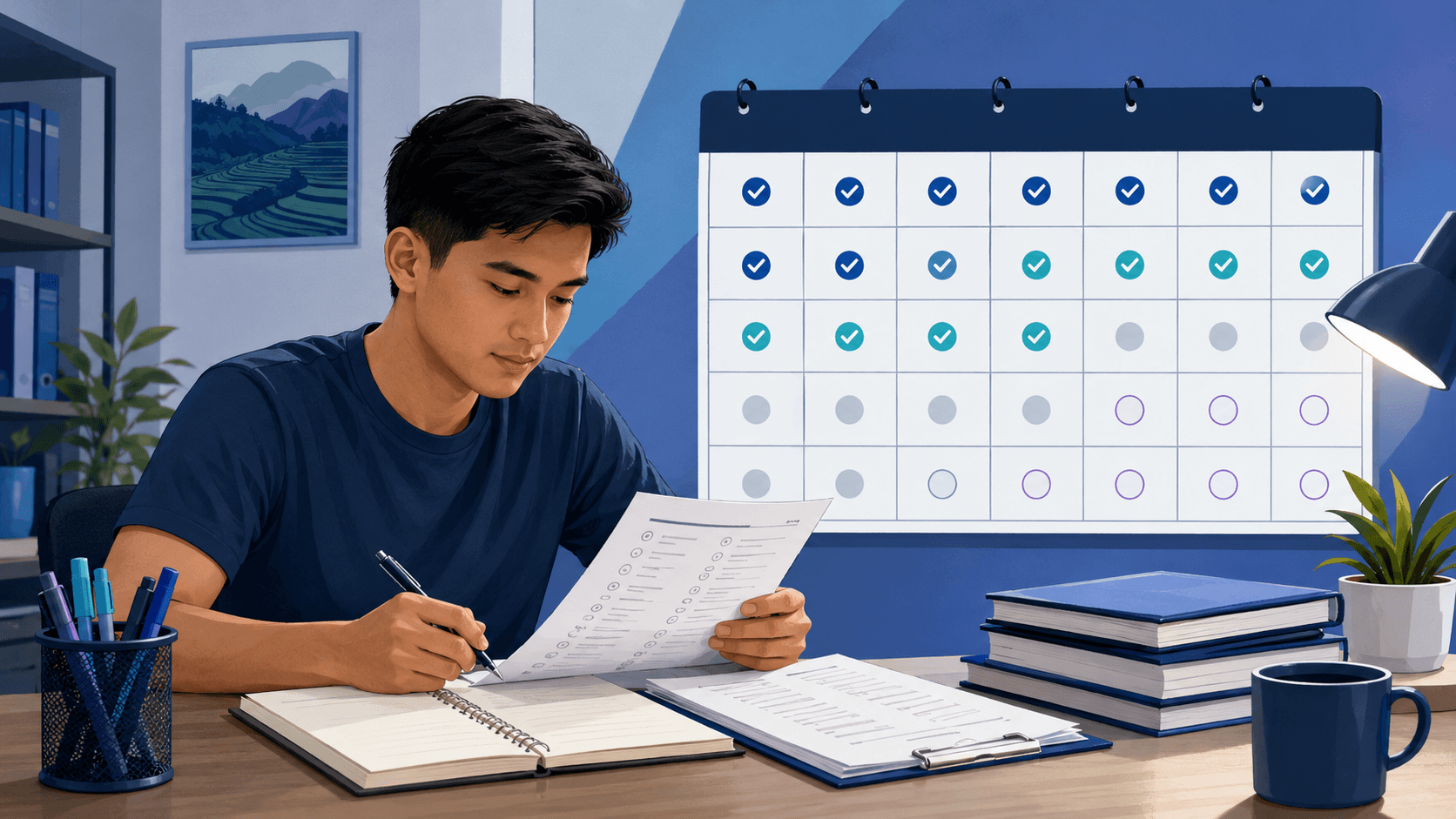 Filipino examinee following a 30-day Civil Service Exam study plan using a calendar, reviewer, notebook, and practice questions.