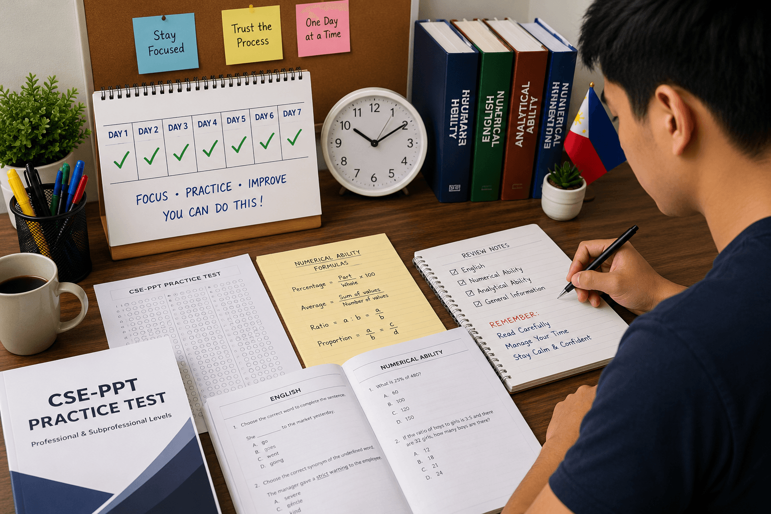 Filipino Civil Service Exam applicant following a seven-day study plan before the exam.
