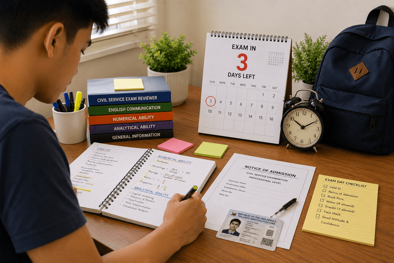 Filipino examinee preparing three days before the Civil Service Exam.
