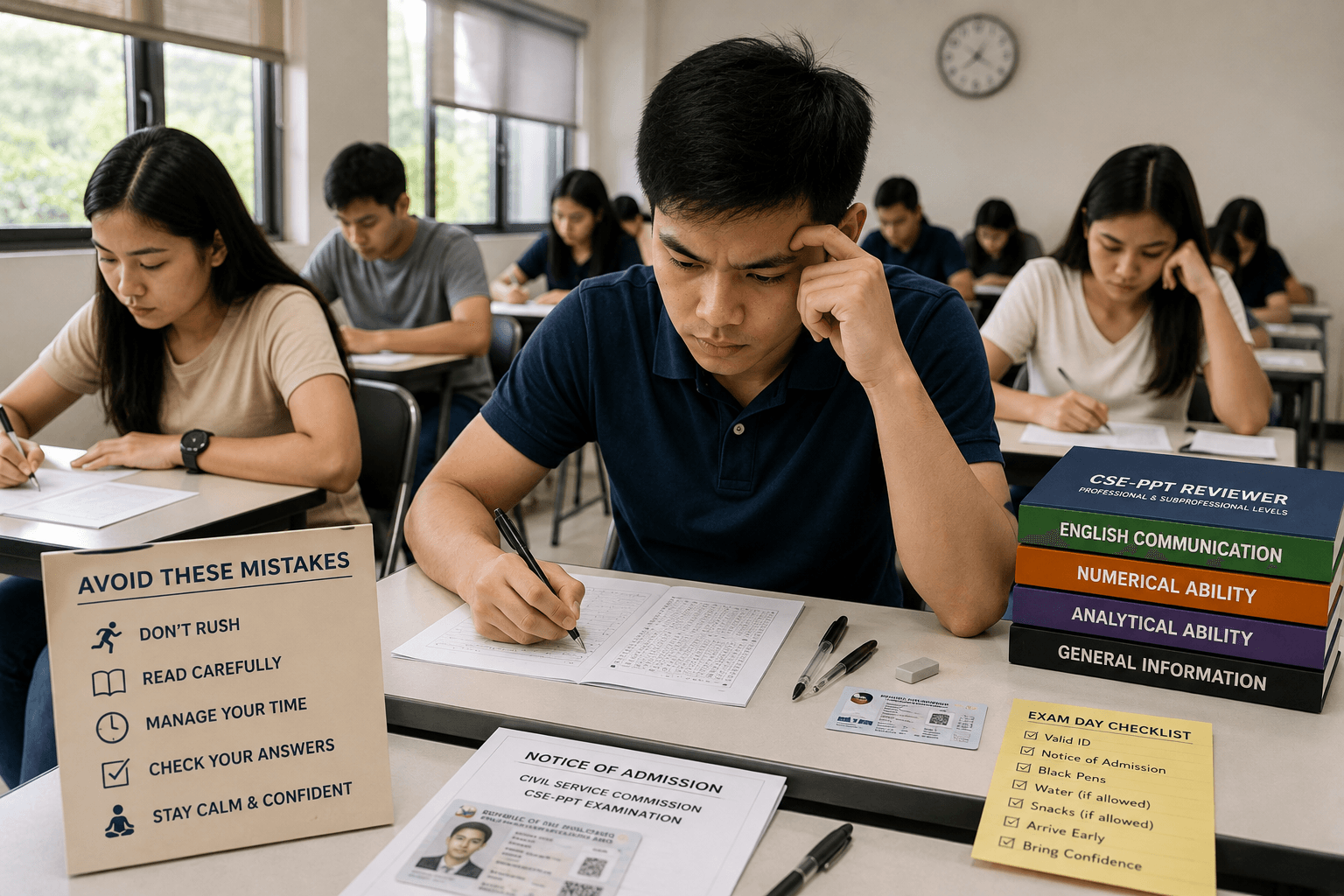 Civil Service Exam examinees avoiding common mistakes during the test.